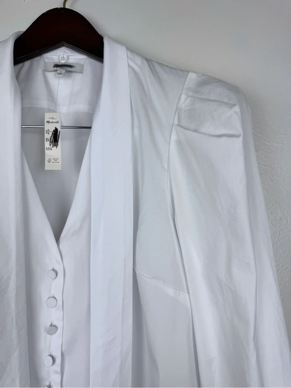 Madewell V-Neck Cotton Button Front Removeable Necktie Top White Size S NWT